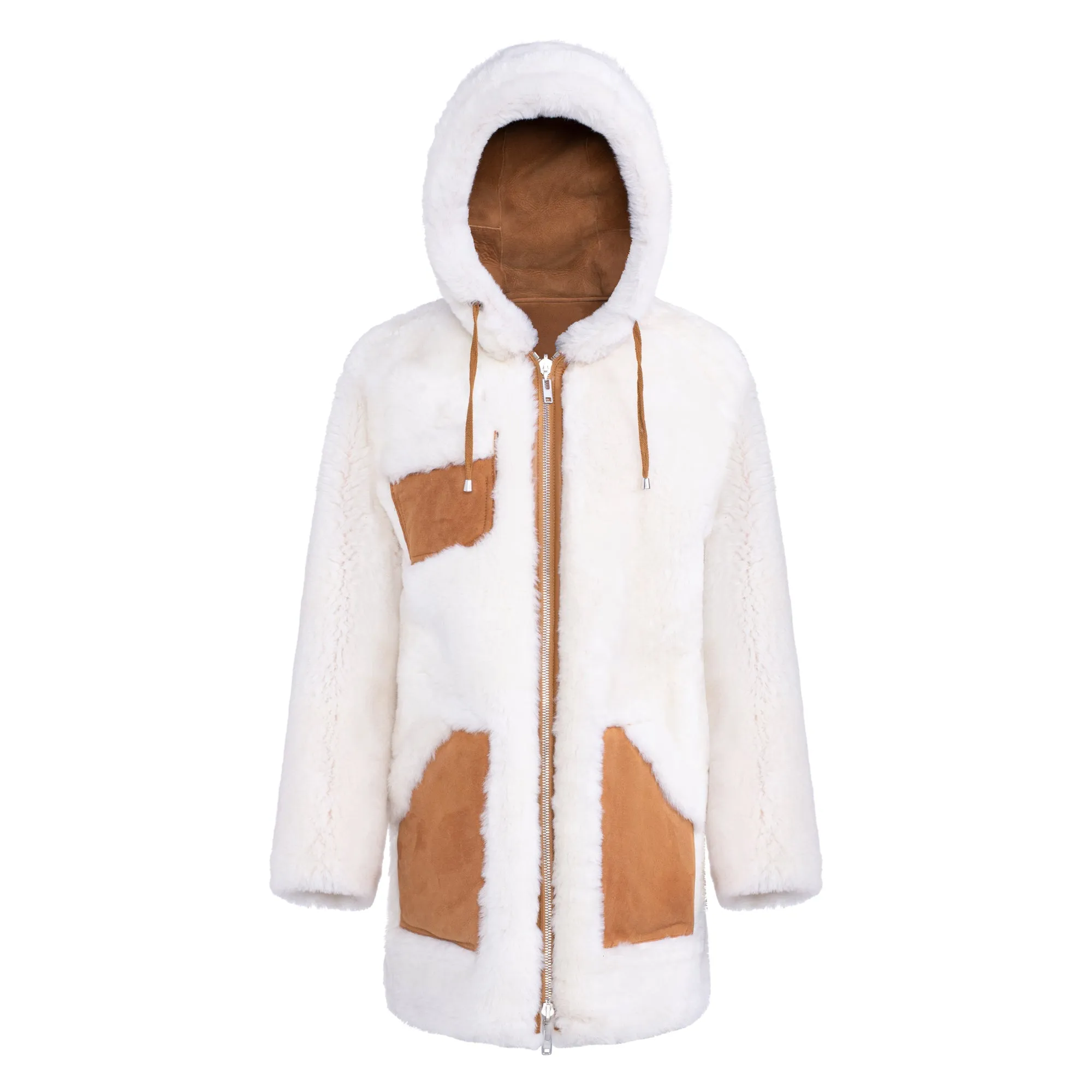 FAYER Reversible Hooded Shearling Sheepskin Teddy Coat