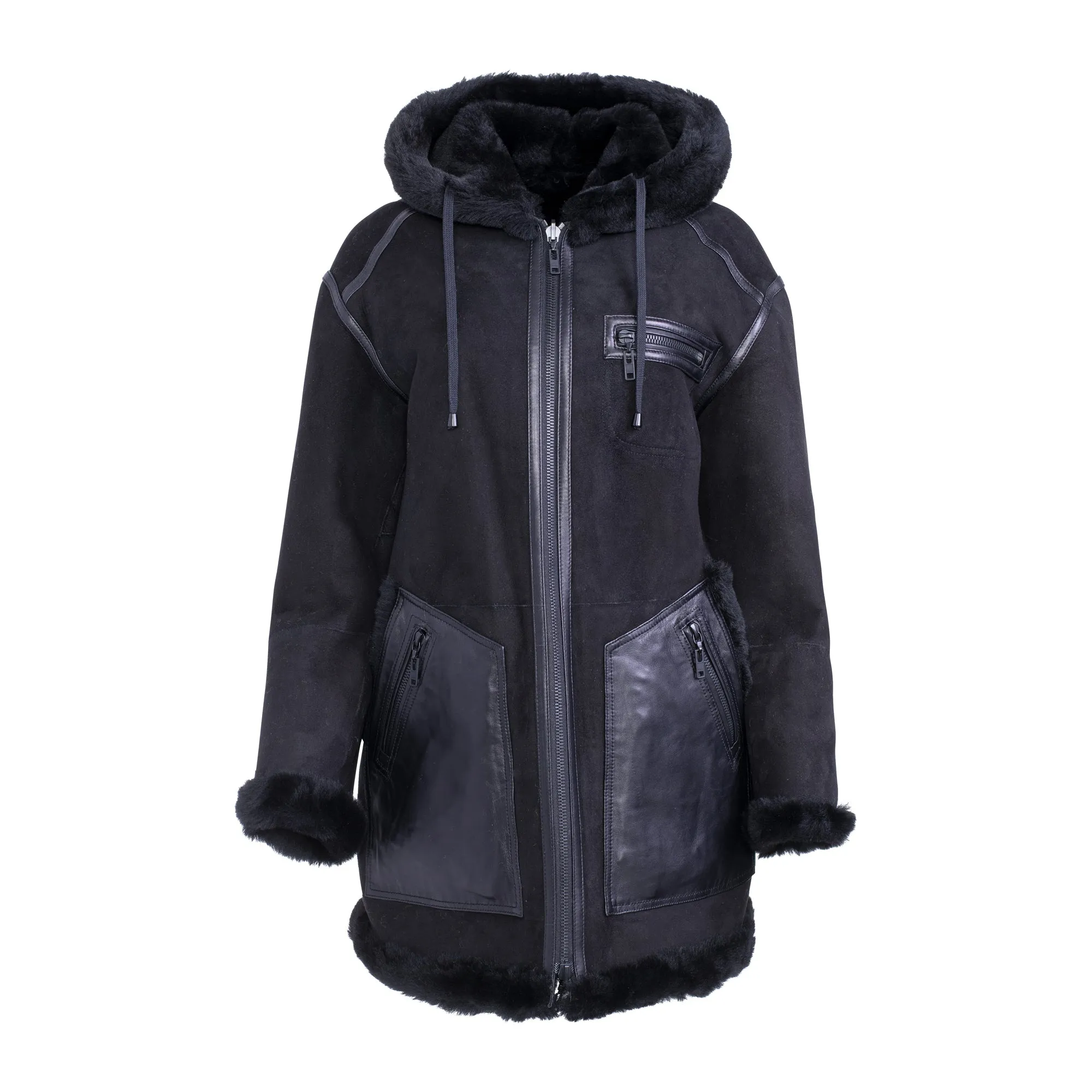 FAYER Reversible Hooded Shearling Sheepskin Teddy Coat
