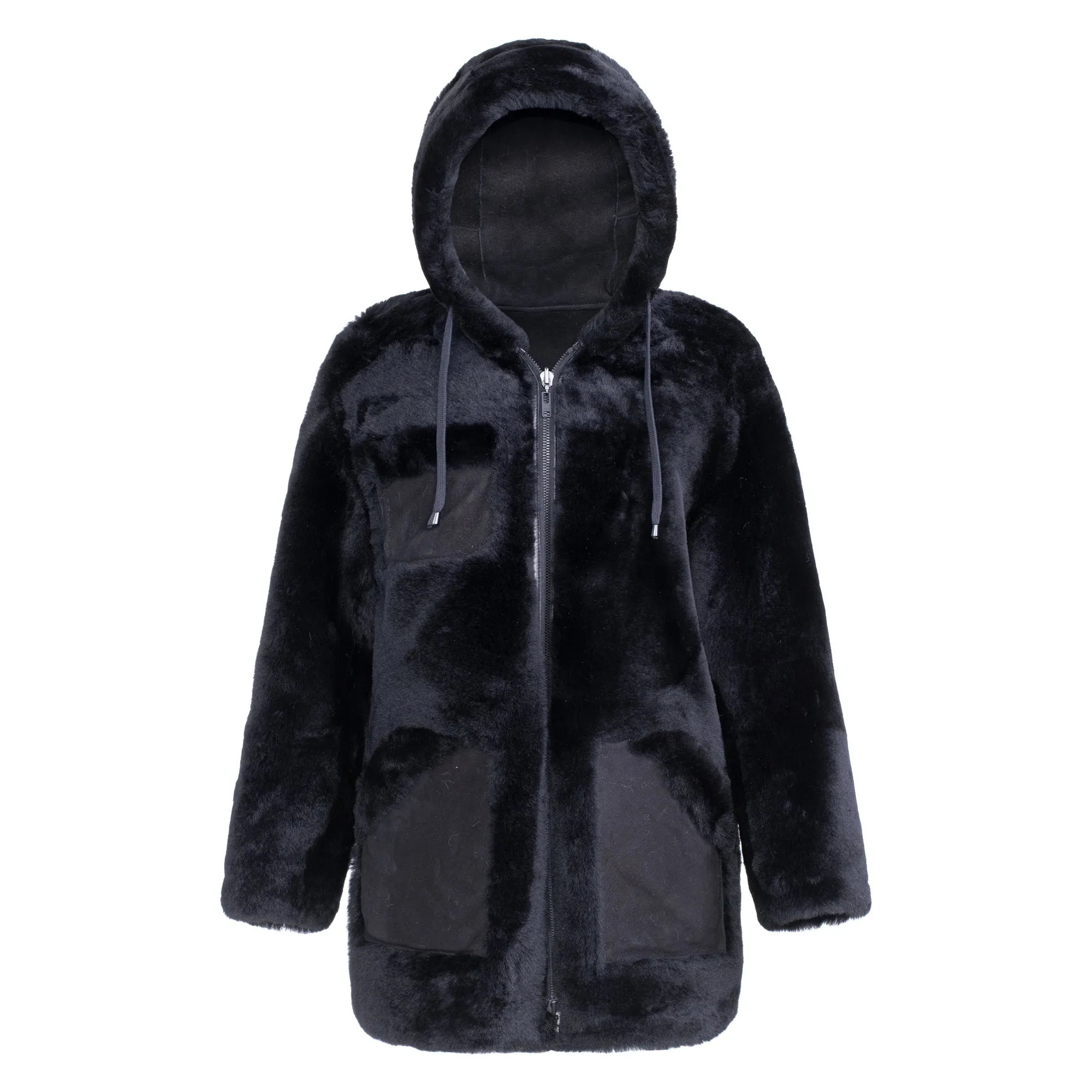 FAYER Reversible Hooded Shearling Sheepskin Teddy Coat