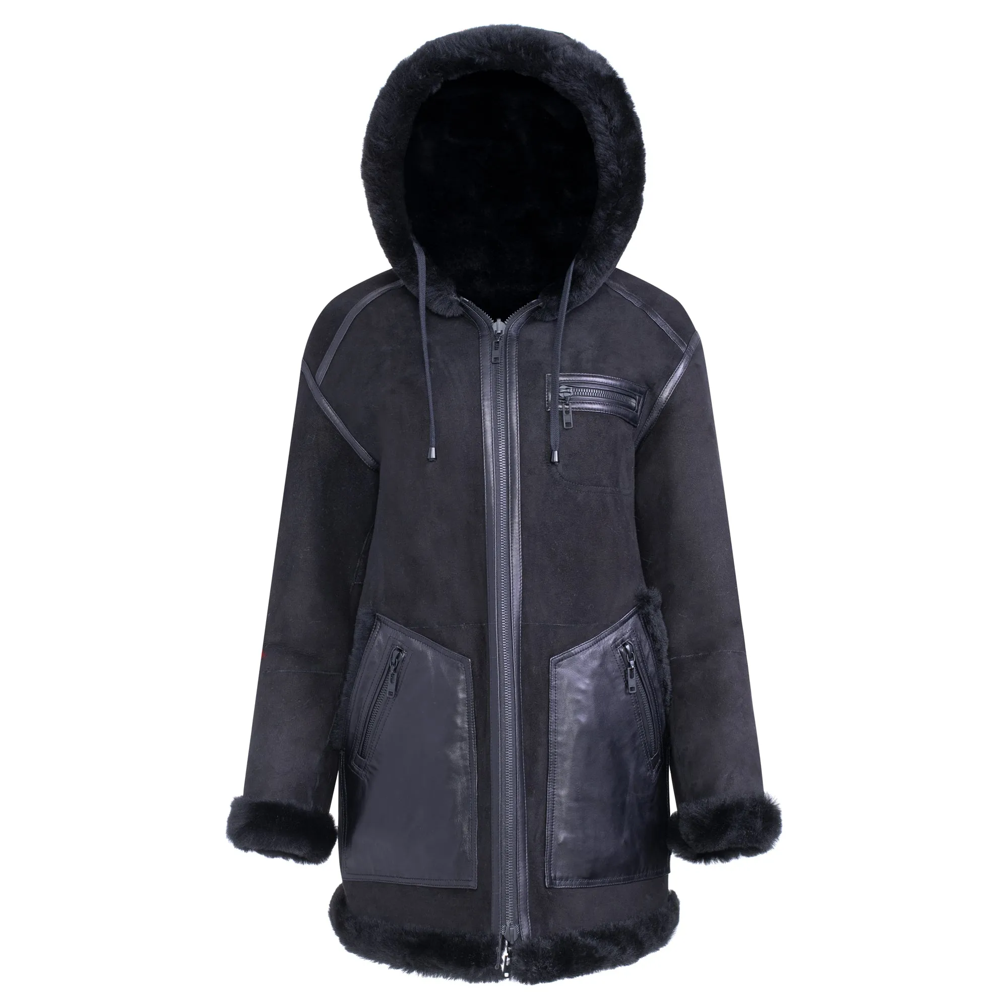 FAYER Reversible Hooded Shearling Sheepskin Teddy Coat