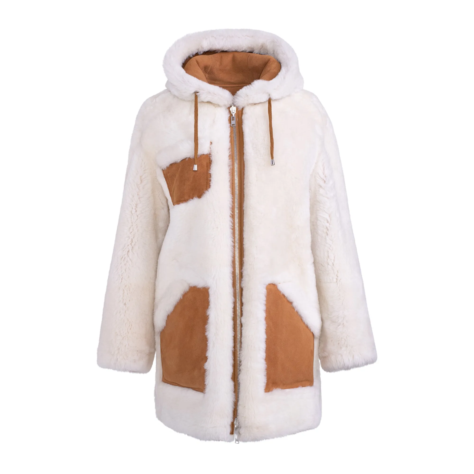 FAYER Reversible Hooded Shearling Sheepskin Teddy Coat