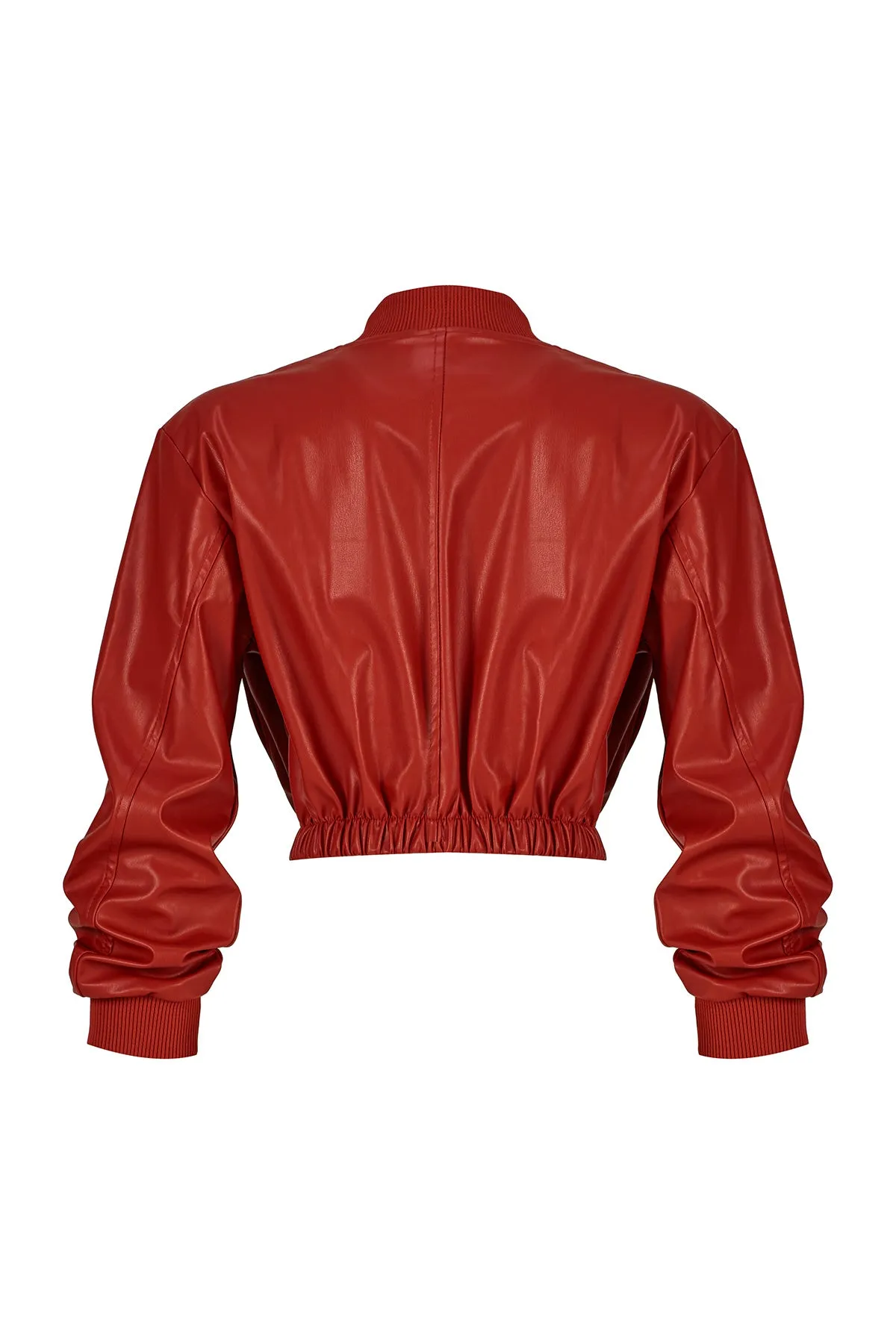 Firebrick vegan leather bomber crop jacket
