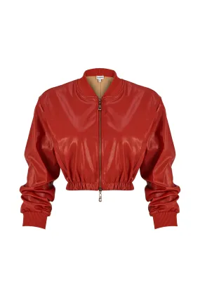 Firebrick vegan leather bomber crop jacket