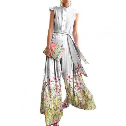 Floral Print Stand Collar Women Wide Leg Belted Patchwork Romper