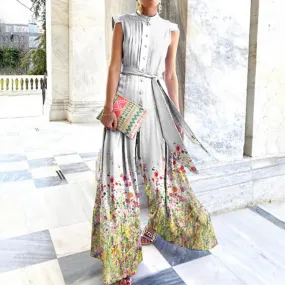 Floral Print Stand Collar Women Wide Leg Belted Patchwork Romper