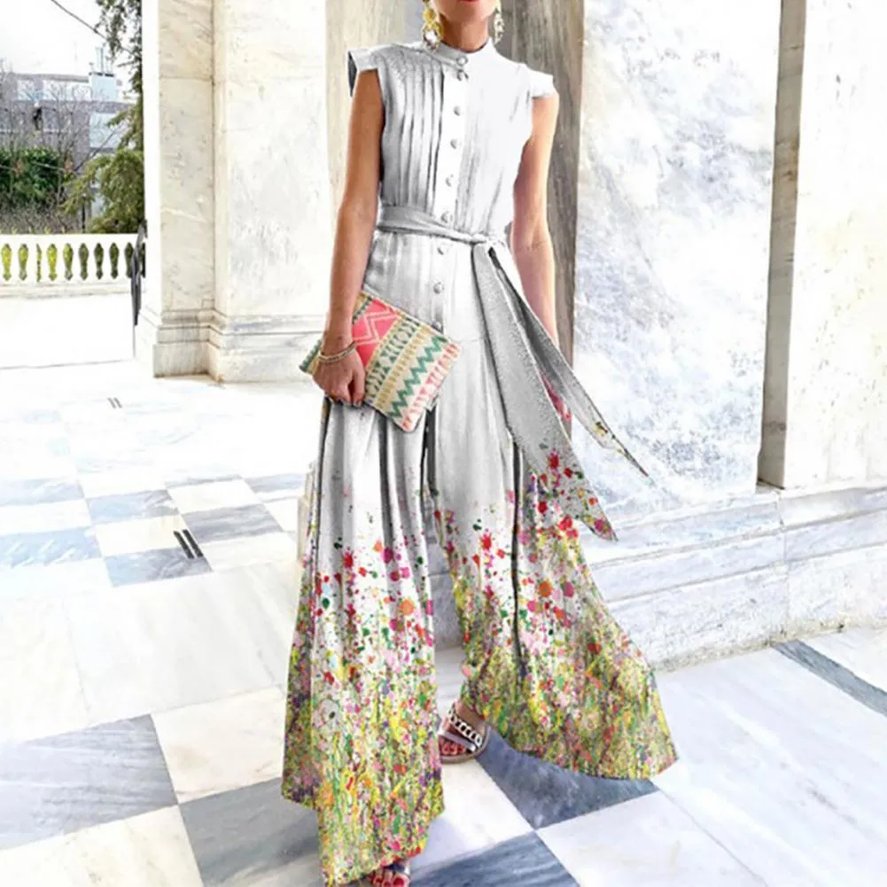Floral Print Stand Collar Women Wide Leg Belted Patchwork Romper