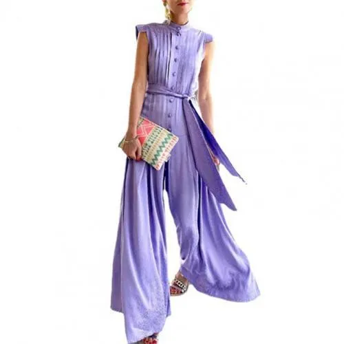 Floral Print Stand Collar Women Wide Leg Belted Patchwork Romper