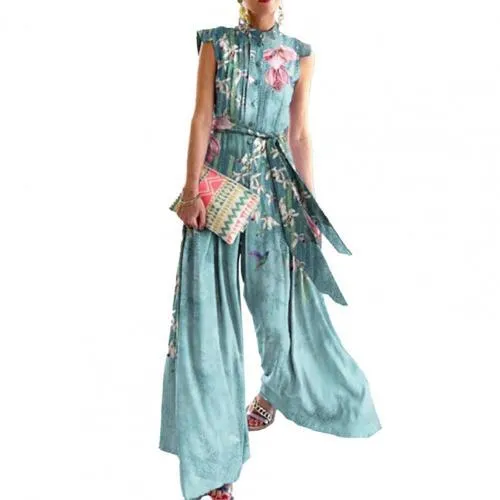 Floral Print Stand Collar Women Wide Leg Belted Patchwork Romper