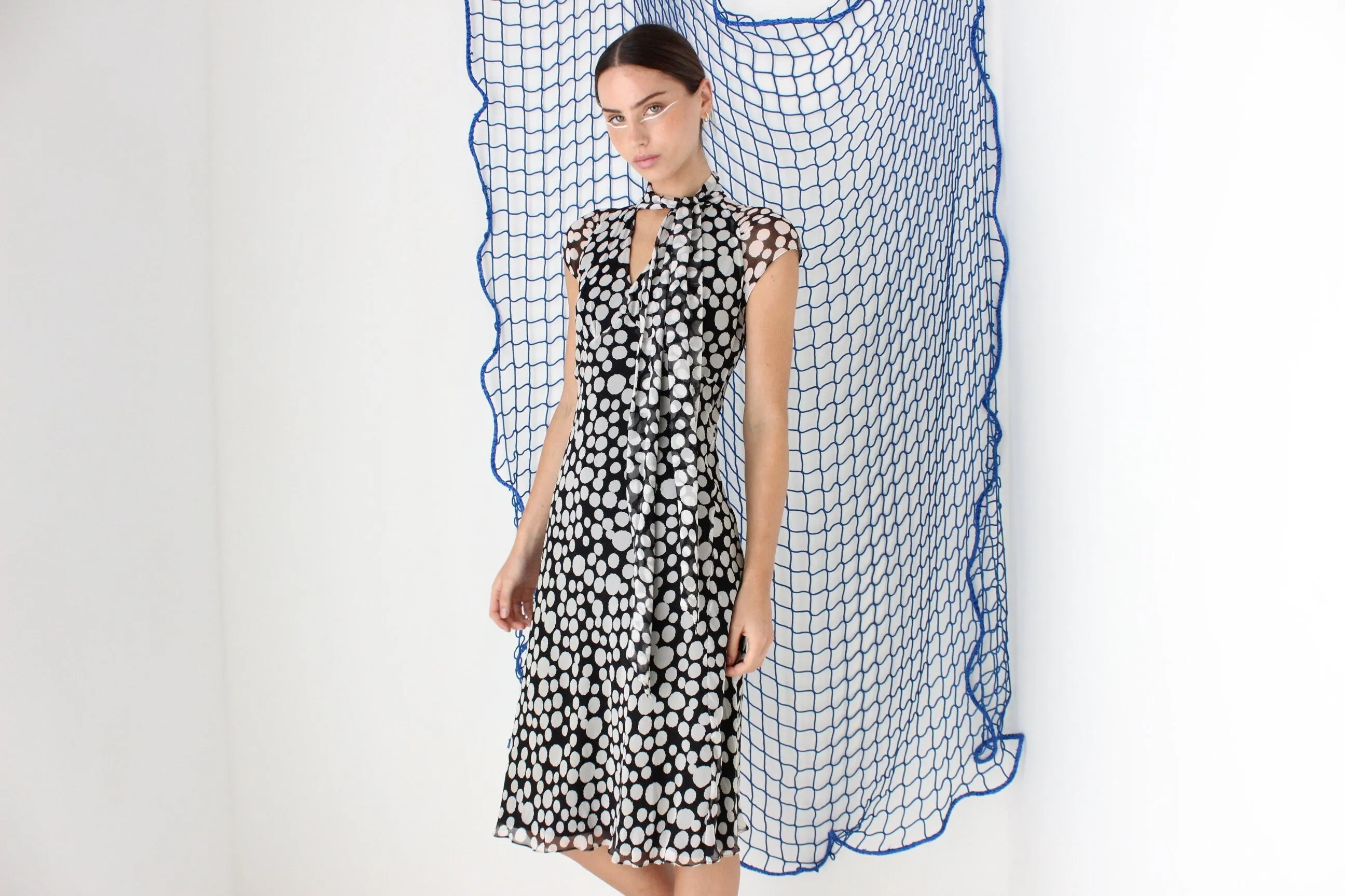 FOUND IN GREECE Y2K Pure Silk Flirty Polka Dot   Tie Neck Dress