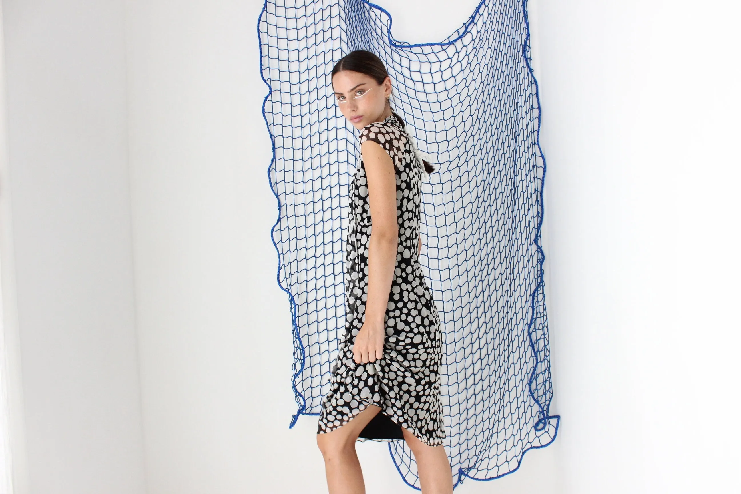 FOUND IN GREECE Y2K Pure Silk Flirty Polka Dot   Tie Neck Dress