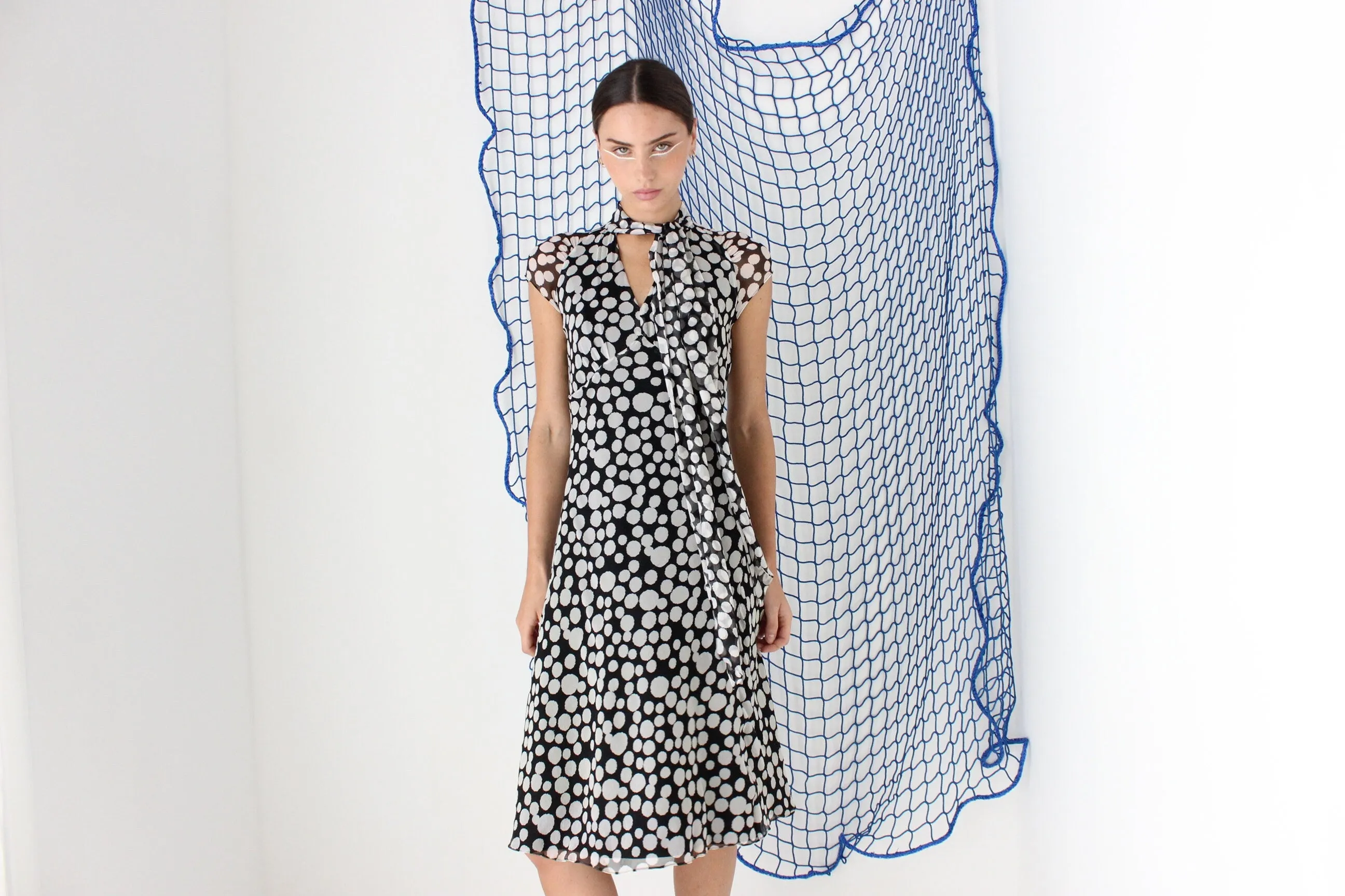 FOUND IN GREECE Y2K Pure Silk Flirty Polka Dot   Tie Neck Dress