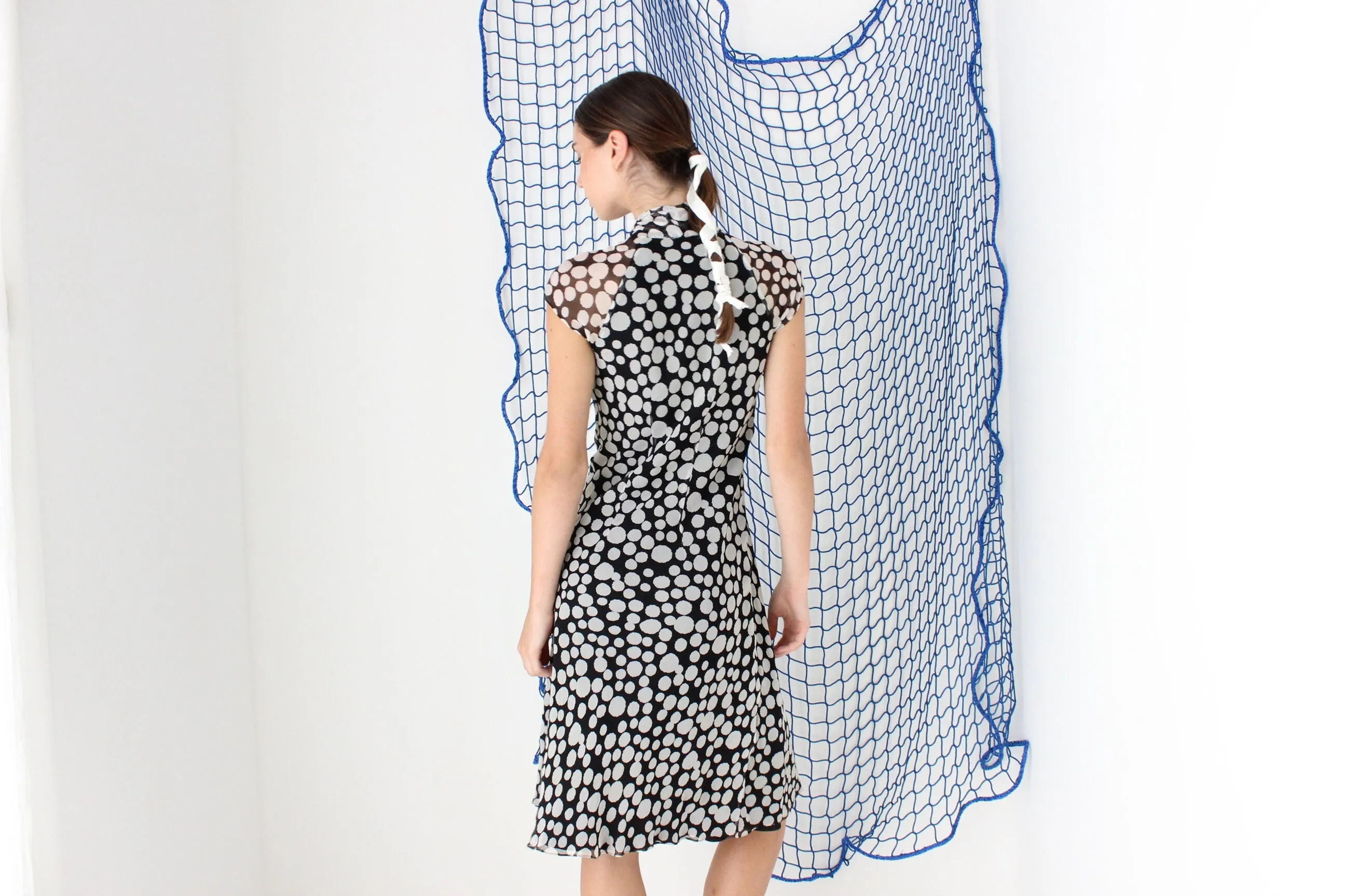 FOUND IN GREECE Y2K Pure Silk Flirty Polka Dot   Tie Neck Dress