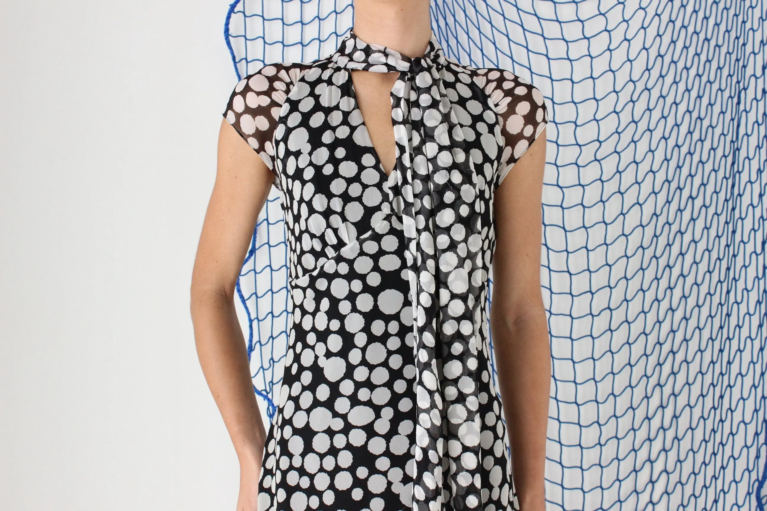 FOUND IN GREECE Y2K Pure Silk Flirty Polka Dot   Tie Neck Dress