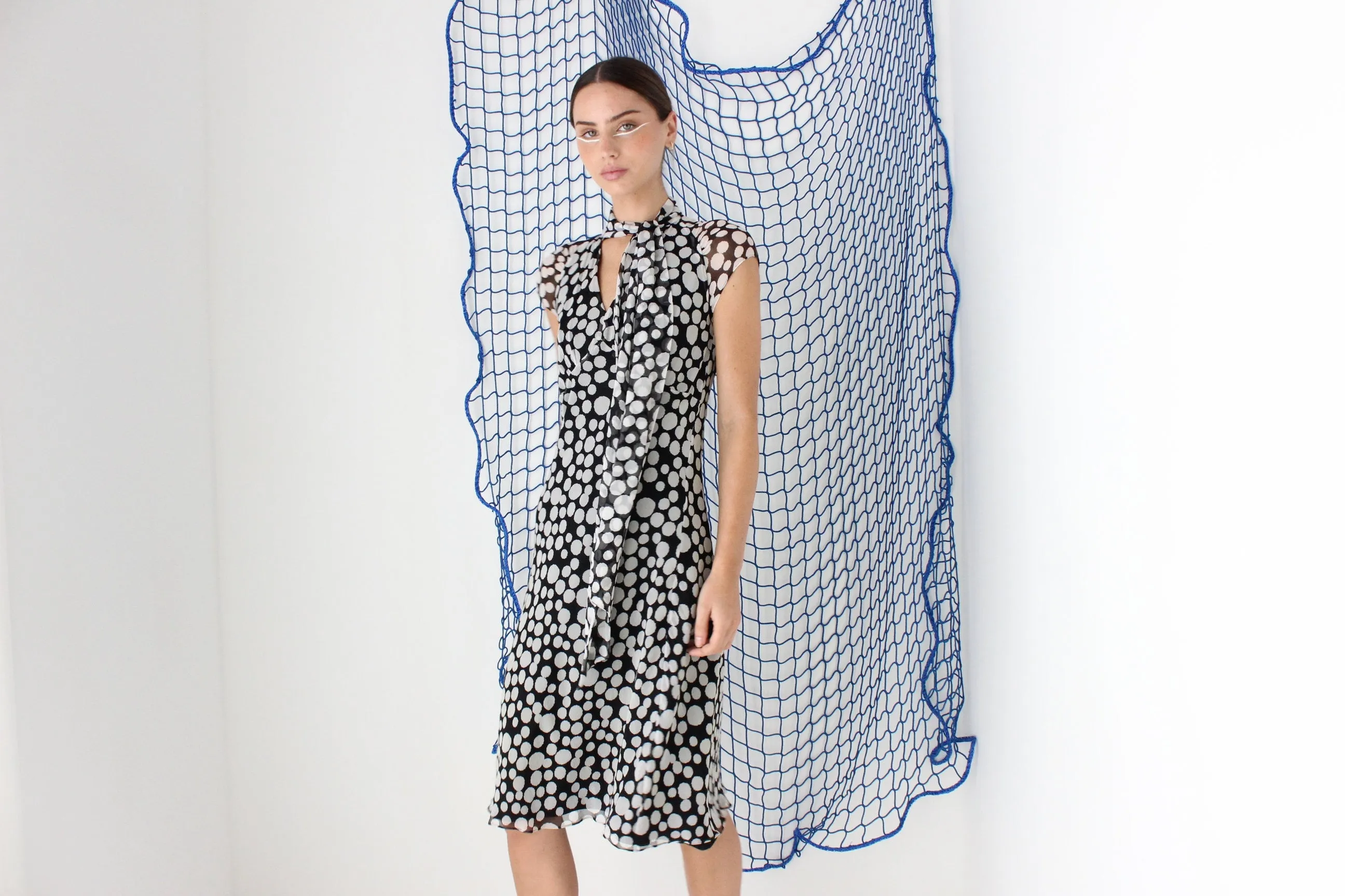 FOUND IN GREECE Y2K Pure Silk Flirty Polka Dot   Tie Neck Dress