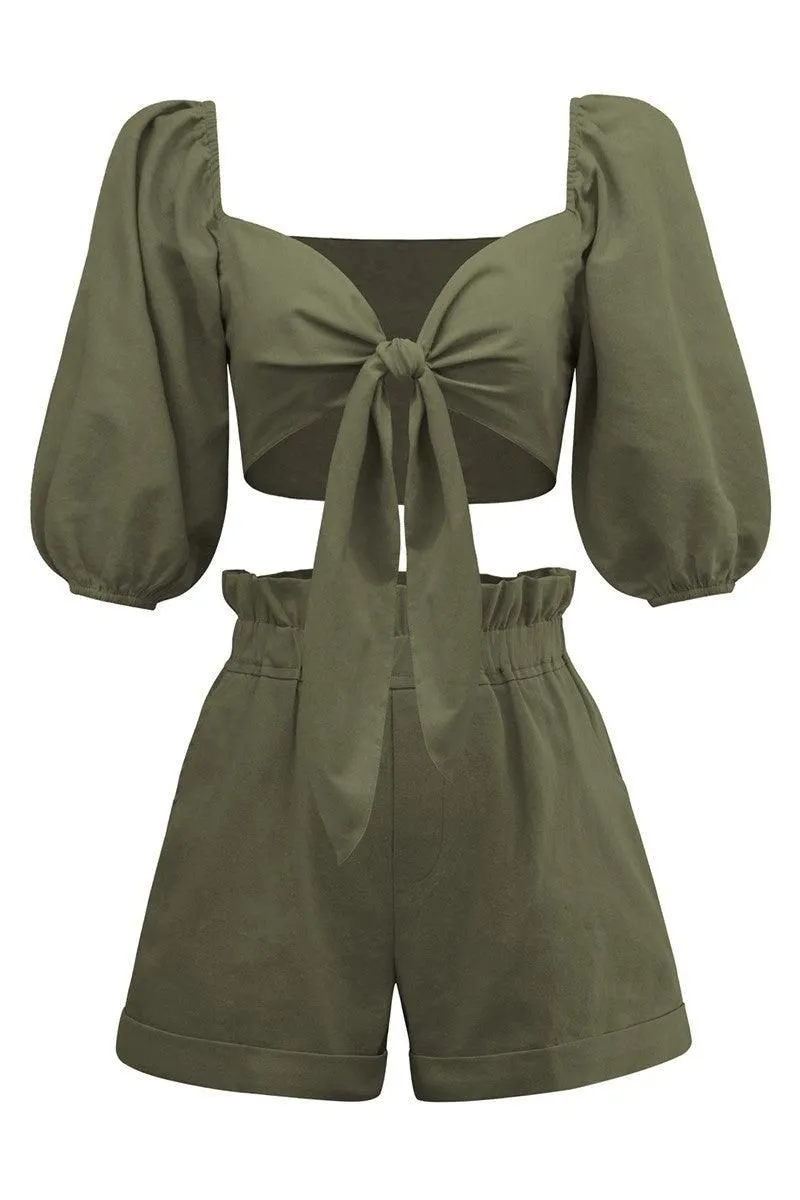 FRONT TIE CROP BLOUSE WITH SHORTS SET
