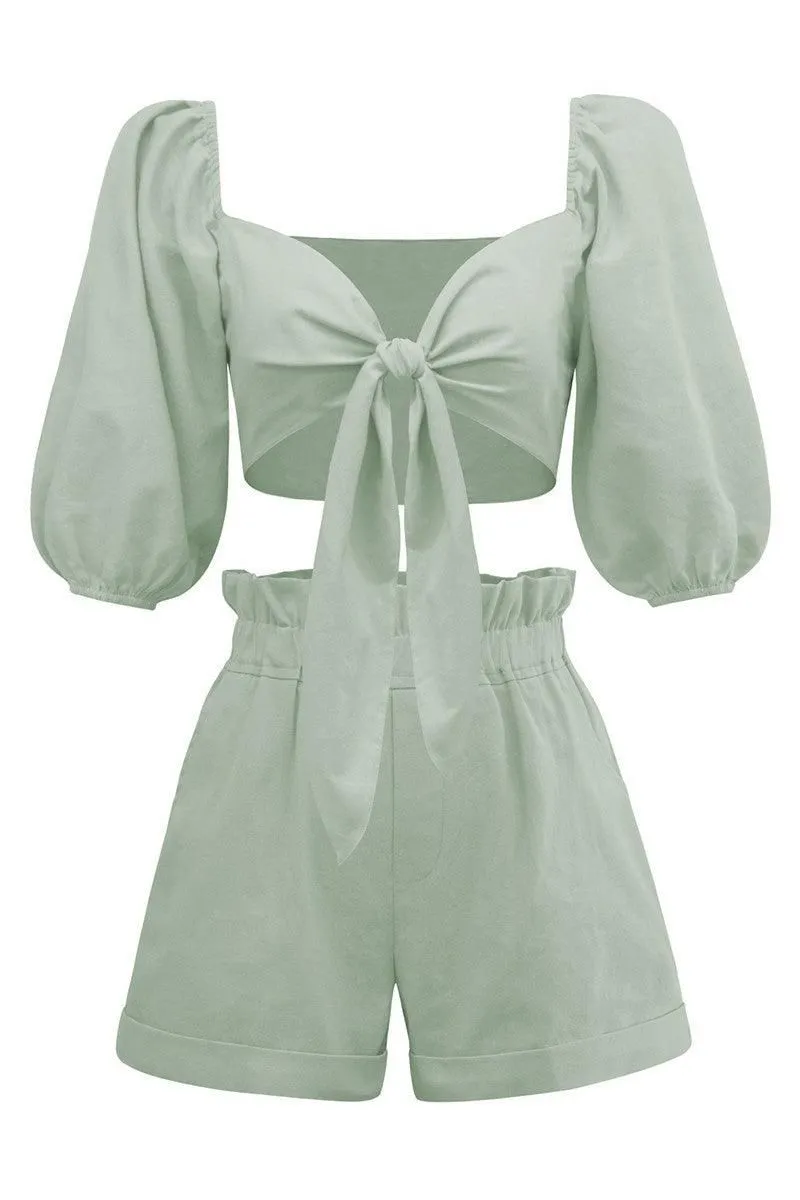 FRONT TIE CROP BLOUSE WITH SHORTS SET