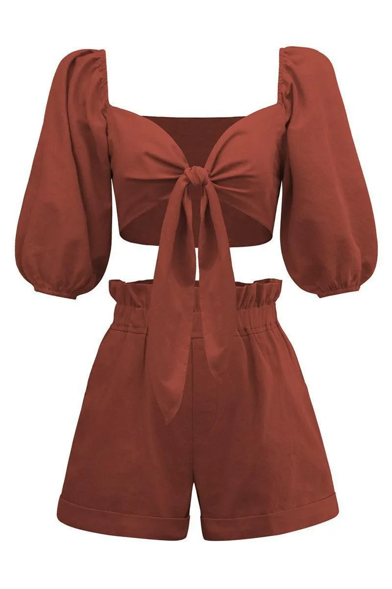 FRONT TIE CROP BLOUSE WITH SHORTS SET