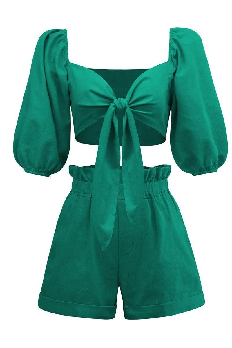 FRONT TIE CROP BLOUSE WITH SHORTS SET