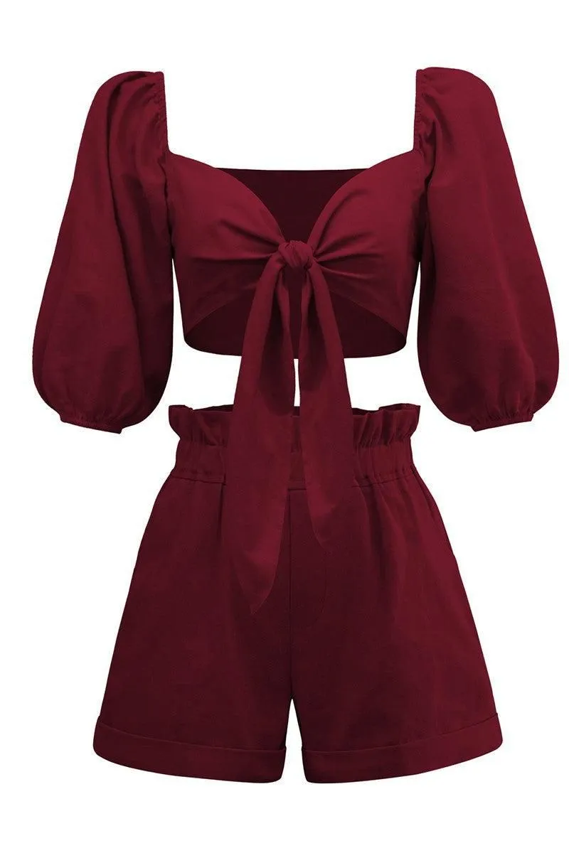 FRONT TIE CROP BLOUSE WITH SHORTS SET