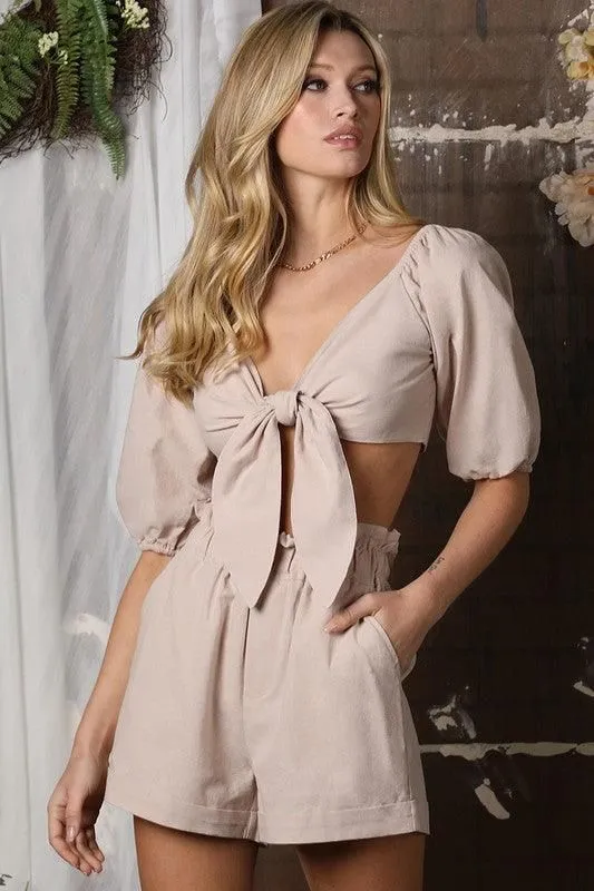 FRONT TIE CROP BLOUSE WITH SHORTS SET