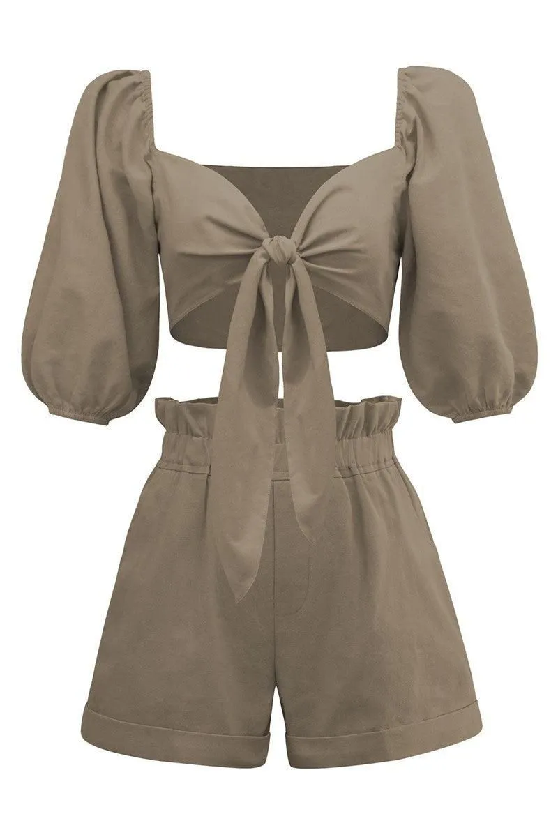 FRONT TIE CROP BLOUSE WITH SHORTS SET