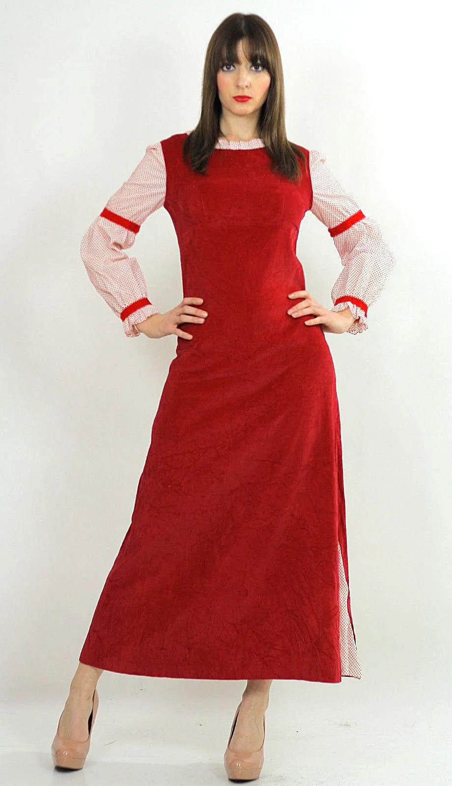 Genuine vintage 70s 1970s boho hippie red velveteen party dress