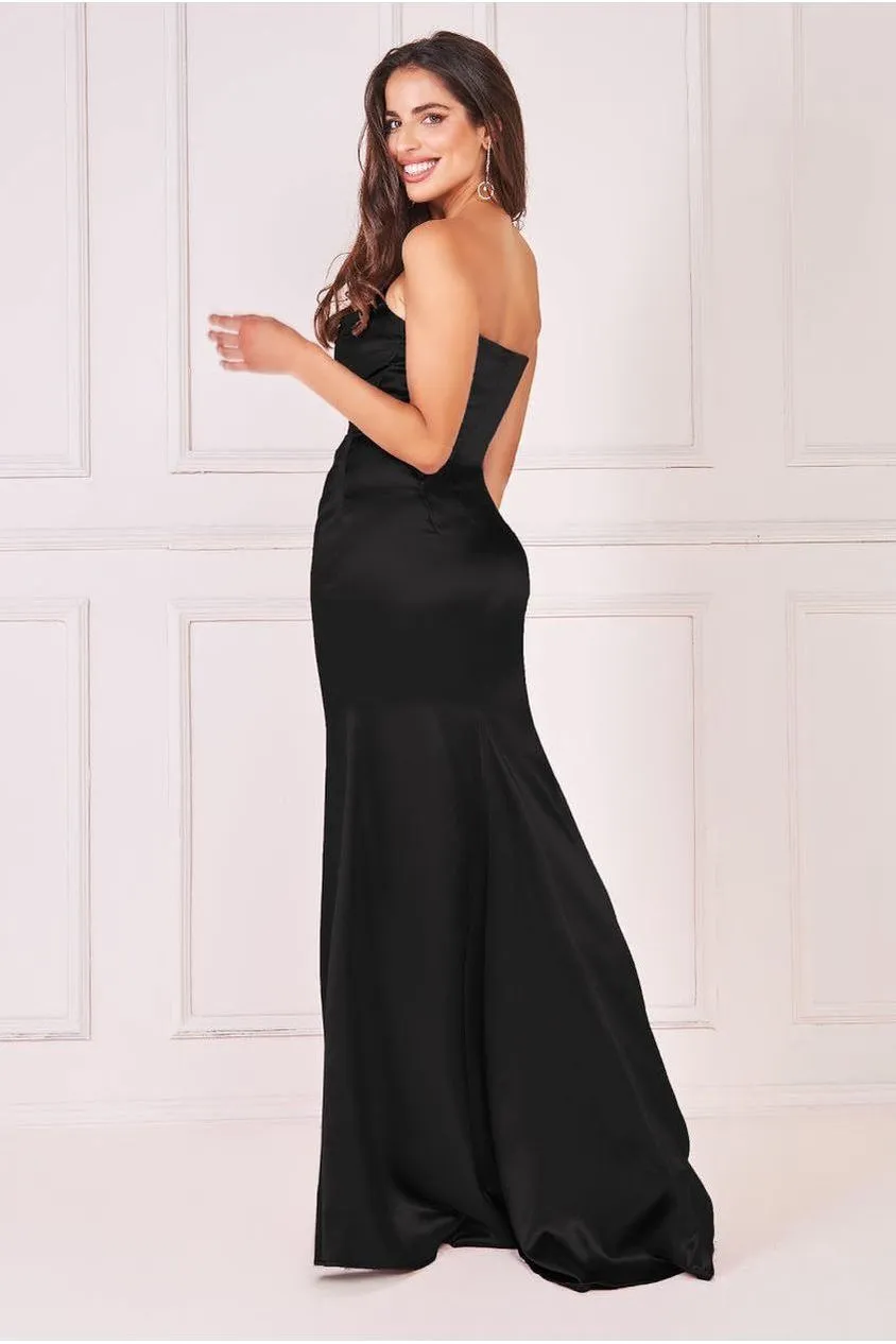 Goddiva Satin Bandeau Maxi Dress - Black