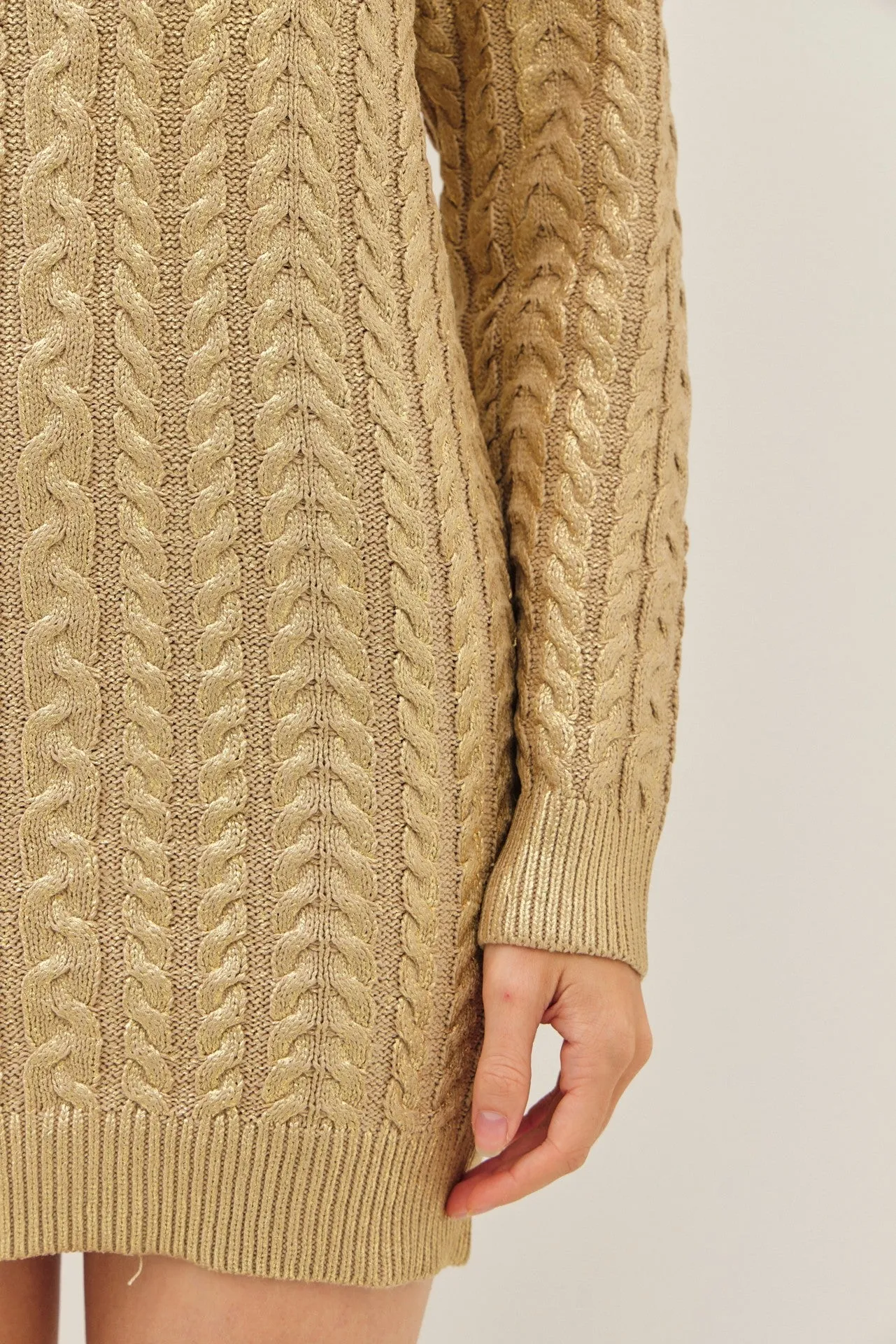 Gold Metallic Foil Cable Knit Sweater Dress