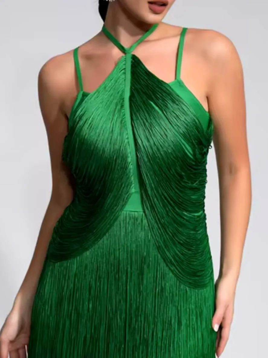 Green emerald fringed tube maxi dress