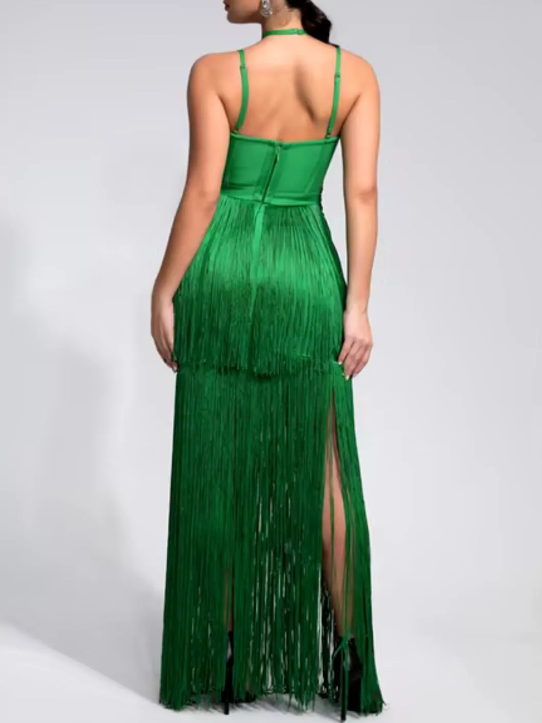 Green emerald fringed tube maxi dress