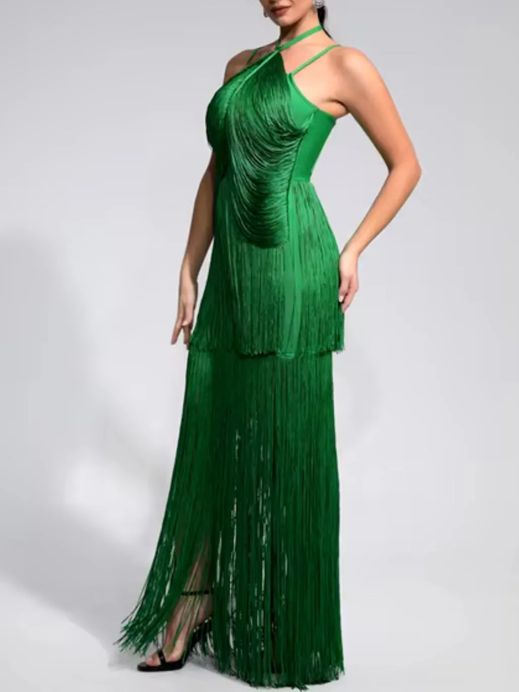 Green emerald fringed tube maxi dress