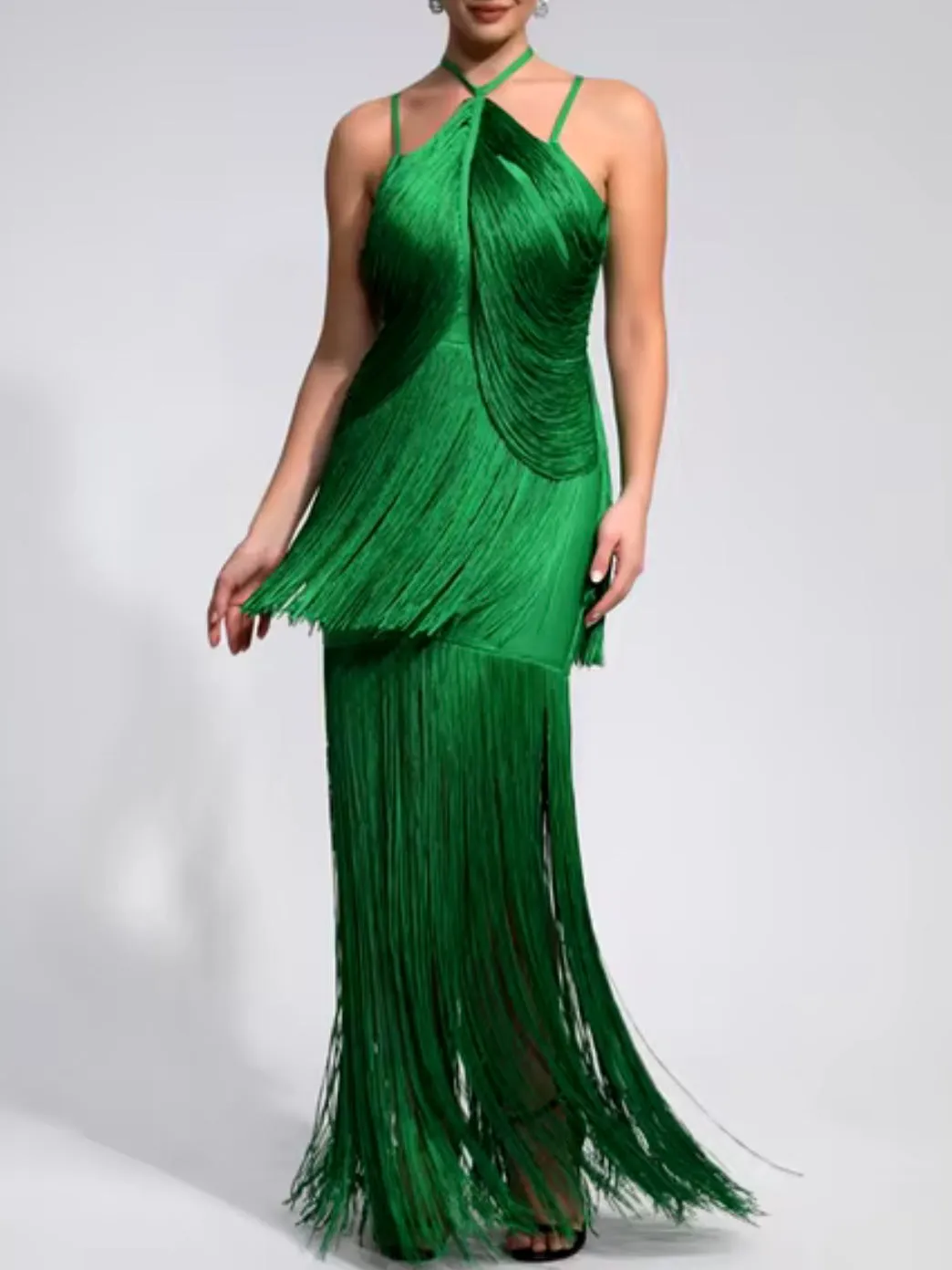 Green emerald fringed tube maxi dress
