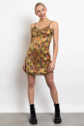 Green Retro Floral Satin Mini Cami Dress