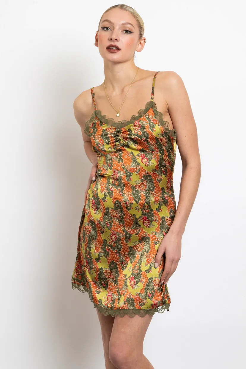 Green Retro Floral Satin Mini Cami Dress