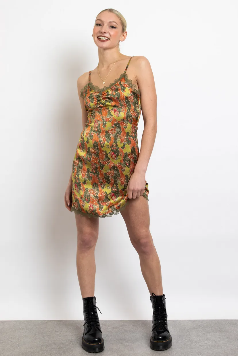 Green Retro Floral Satin Mini Cami Dress