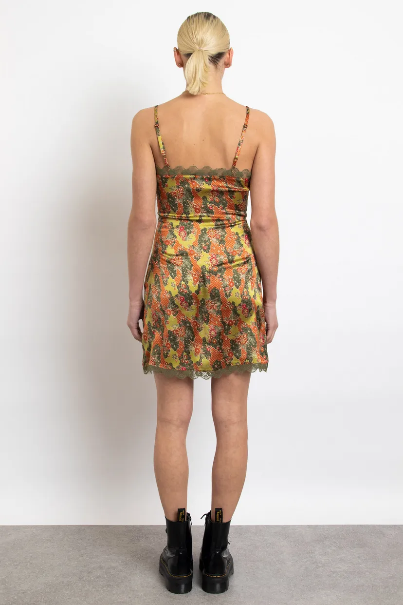 Green Retro Floral Satin Mini Cami Dress