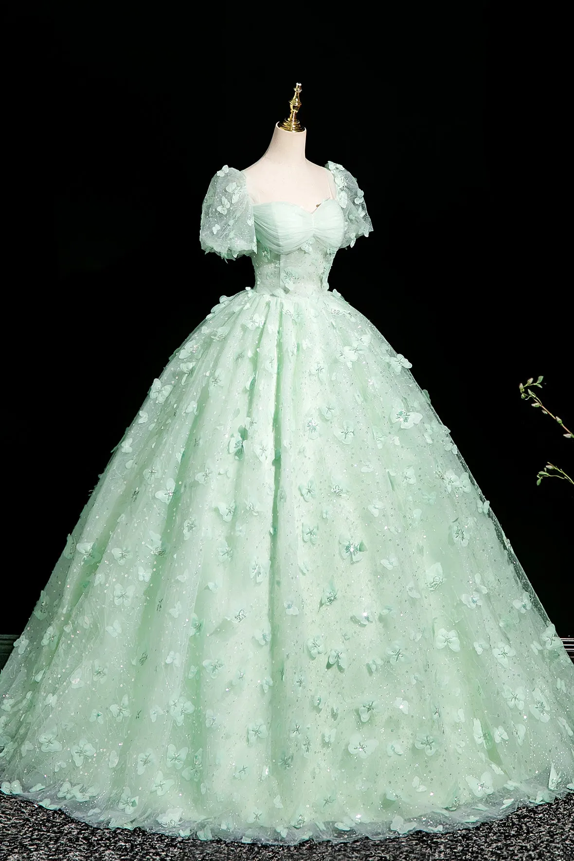 Green Tulle Butterfly Long A-Line Prom Dress, Beautiful Short Sleeve Evening Dress