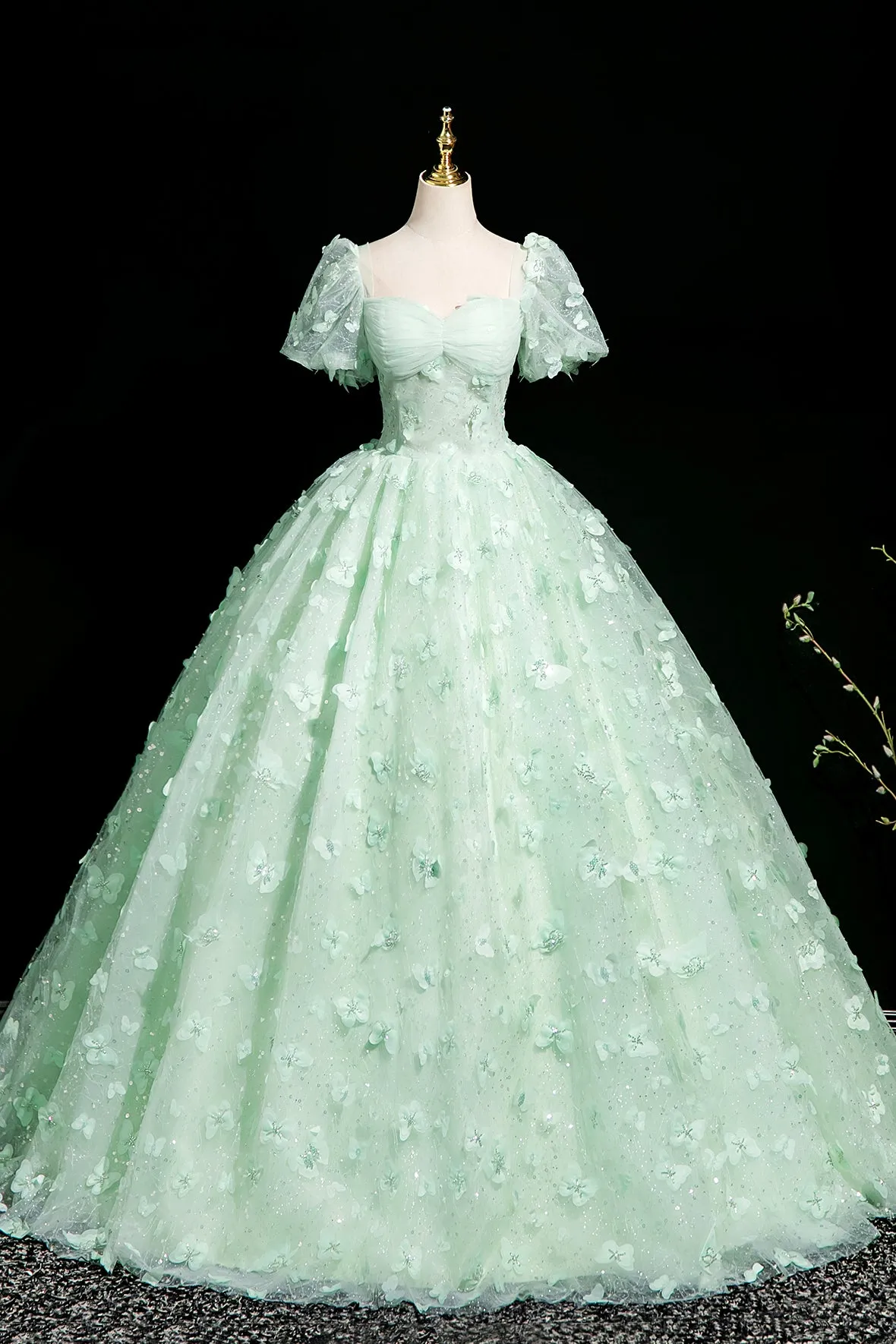 Green Tulle Butterfly Long A-Line Prom Dress, Beautiful Short Sleeve Evening Dress
