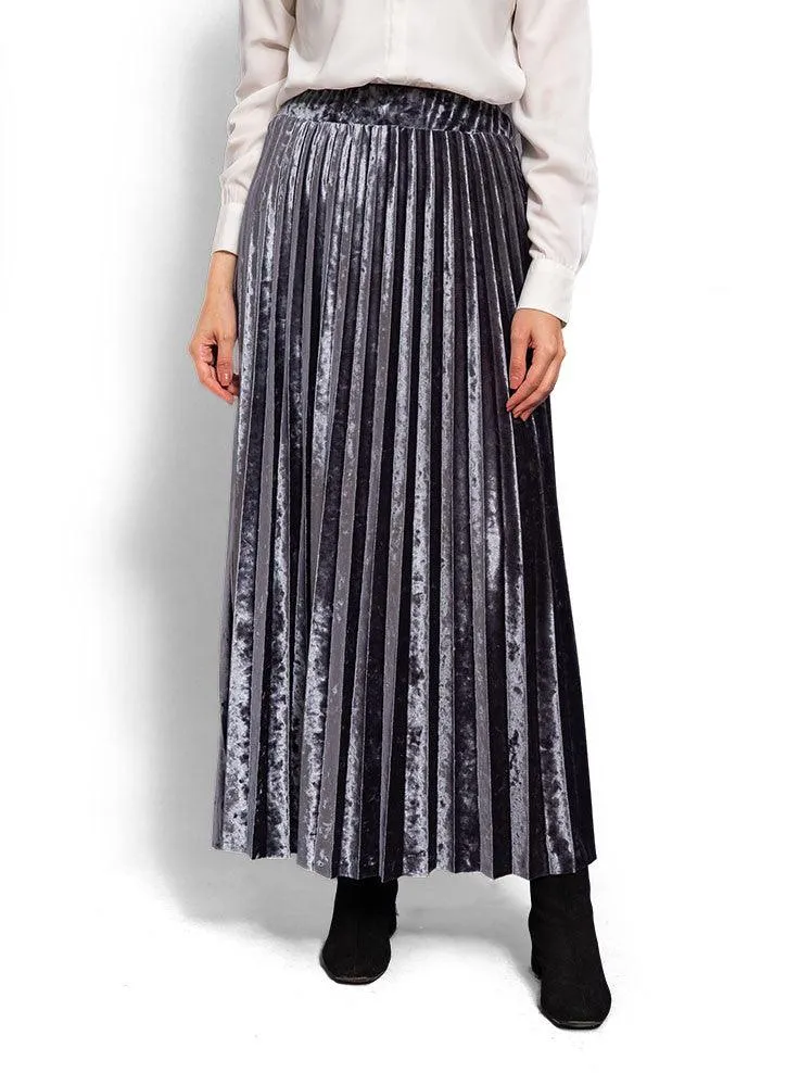 Grey Blue Pleated Velvet Skirt