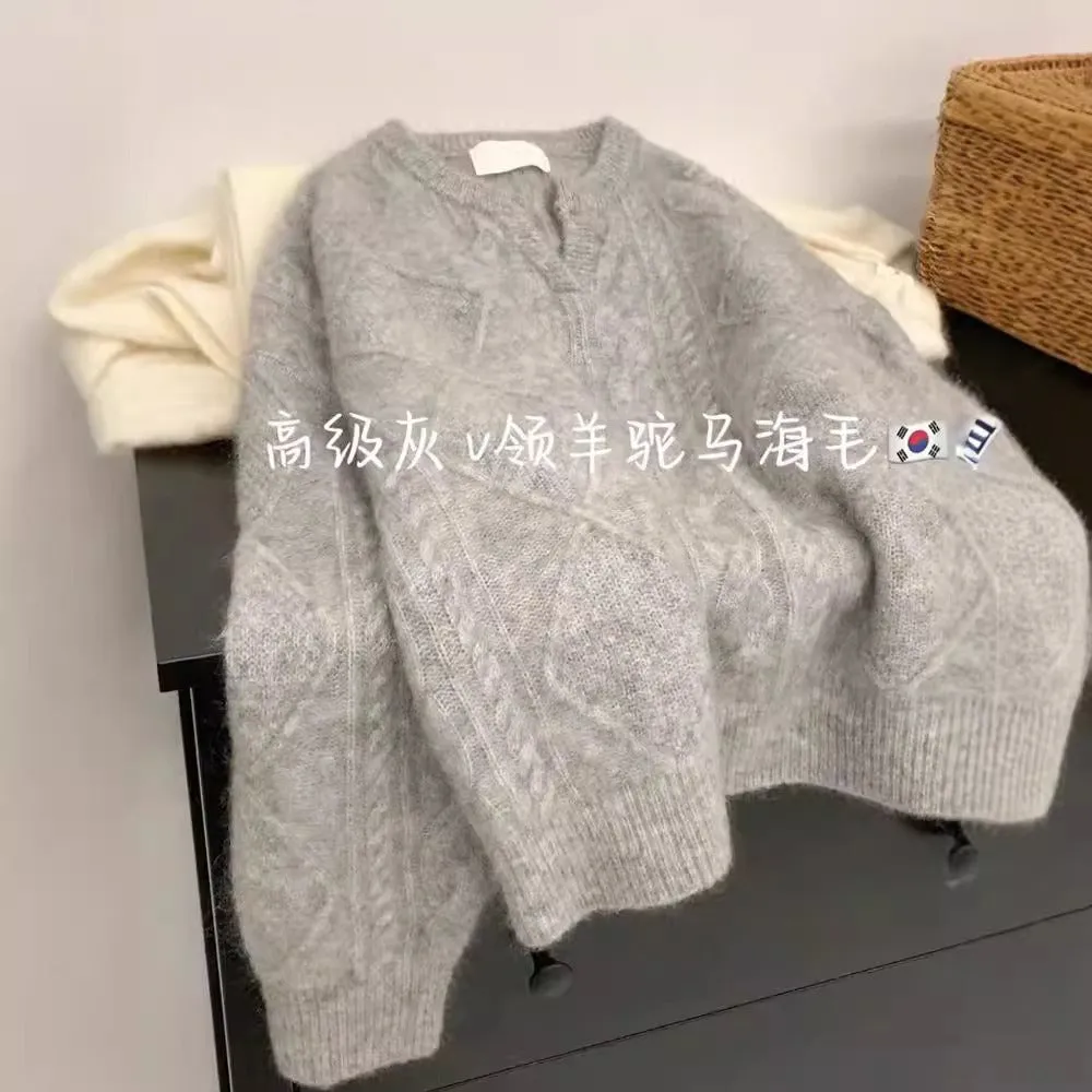 Grey V Neck Cabel Pattern Sweater