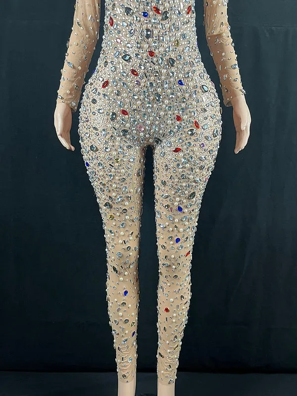 GV Womens' Diamond Bodysuit See Through Crystal Romper Dress Women Singer Blinged Dance wear