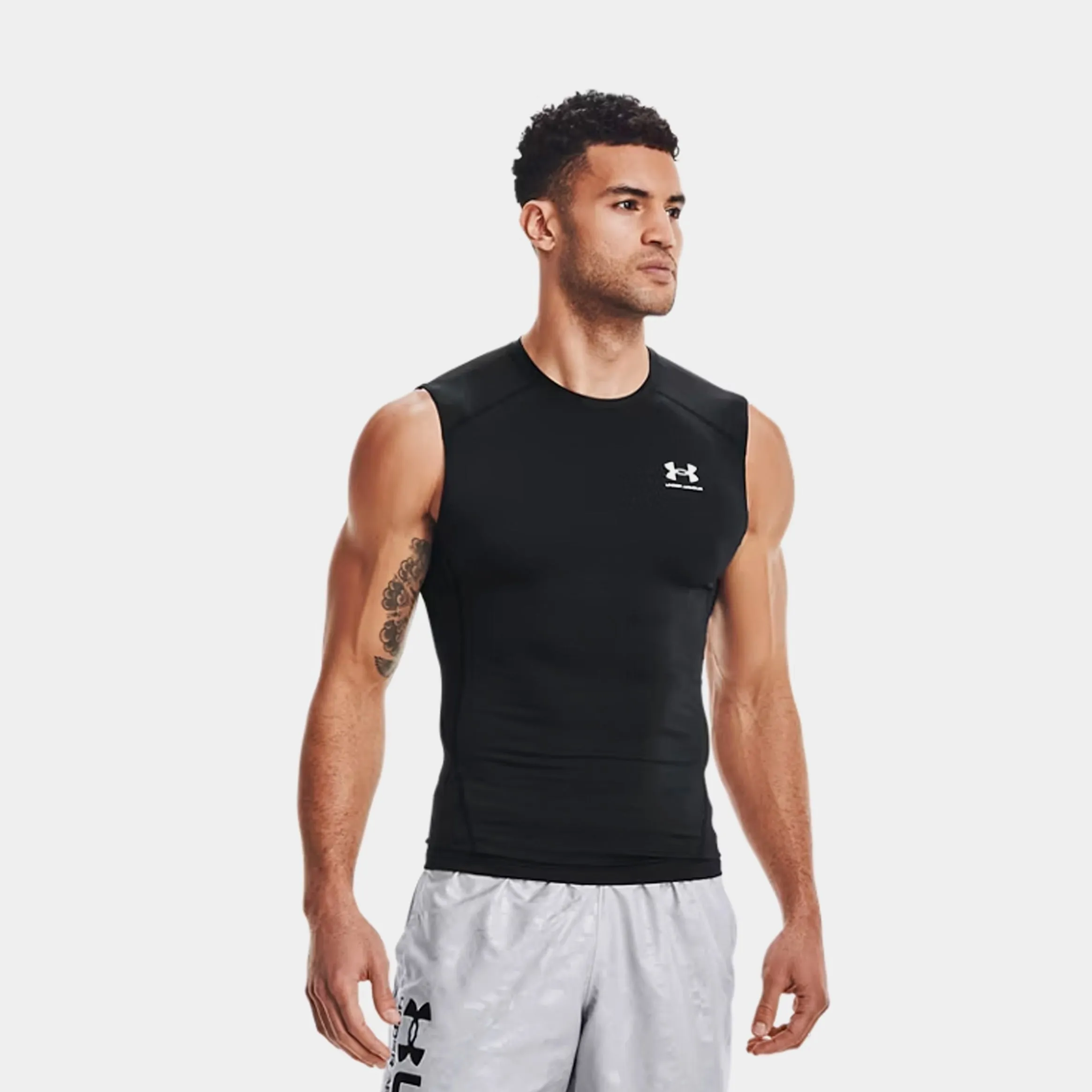 HeatGear Compression Sleeveless Mens Short Sleeve Shirt (Black/White)