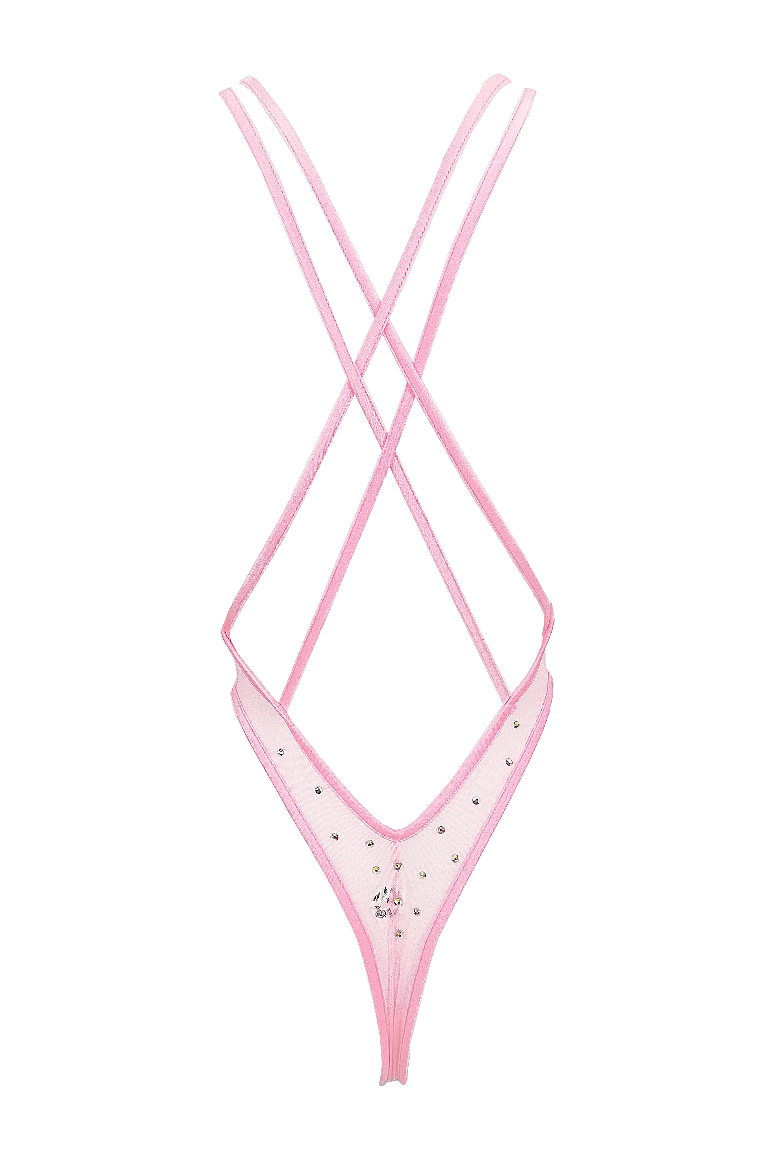 High Cut Bodysuit  SKINNY CRYSTAL  / Sexy Lingerie Sheer Mesh / BABY PINK