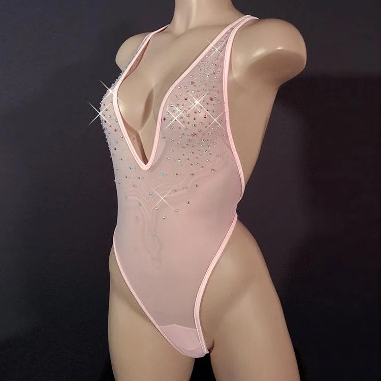 High Cut Bodysuit  SKINNY CRYSTAL  / Sexy Lingerie Sheer Mesh / BABY PINK