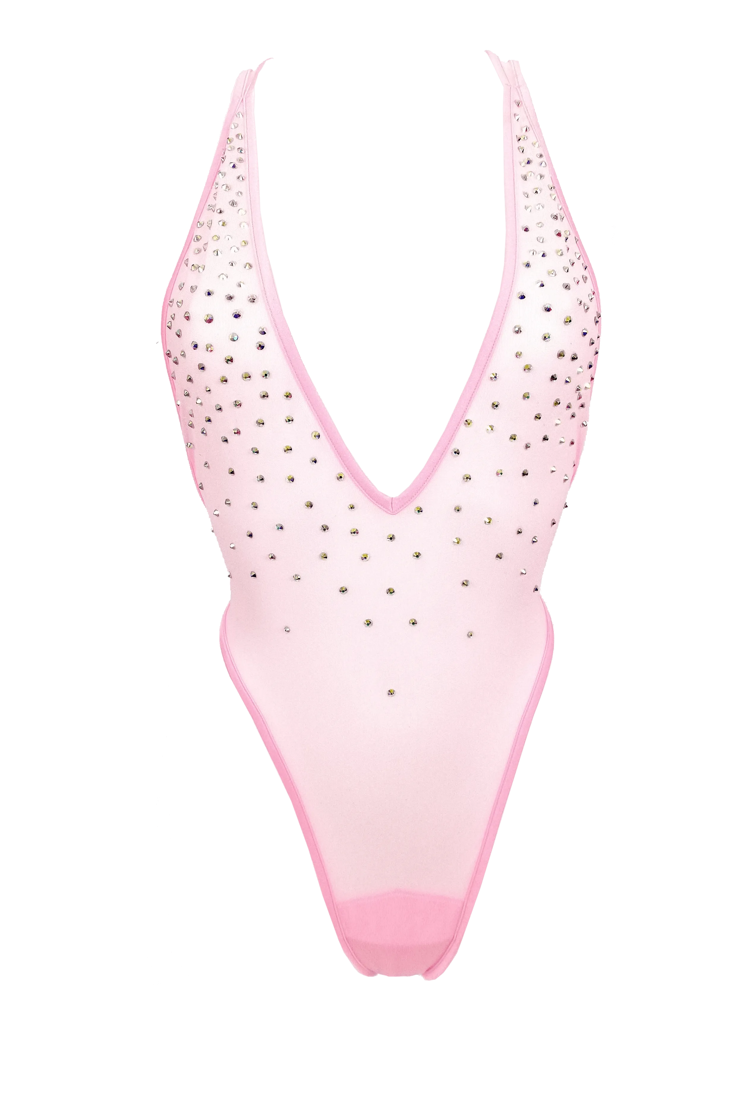 High Cut Bodysuit  SKINNY CRYSTAL  / Sexy Lingerie Sheer Mesh / BABY PINK