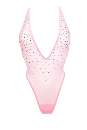 High Cut Bodysuit  SKINNY CRYSTAL  / Sexy Lingerie Sheer Mesh / BABY PINK