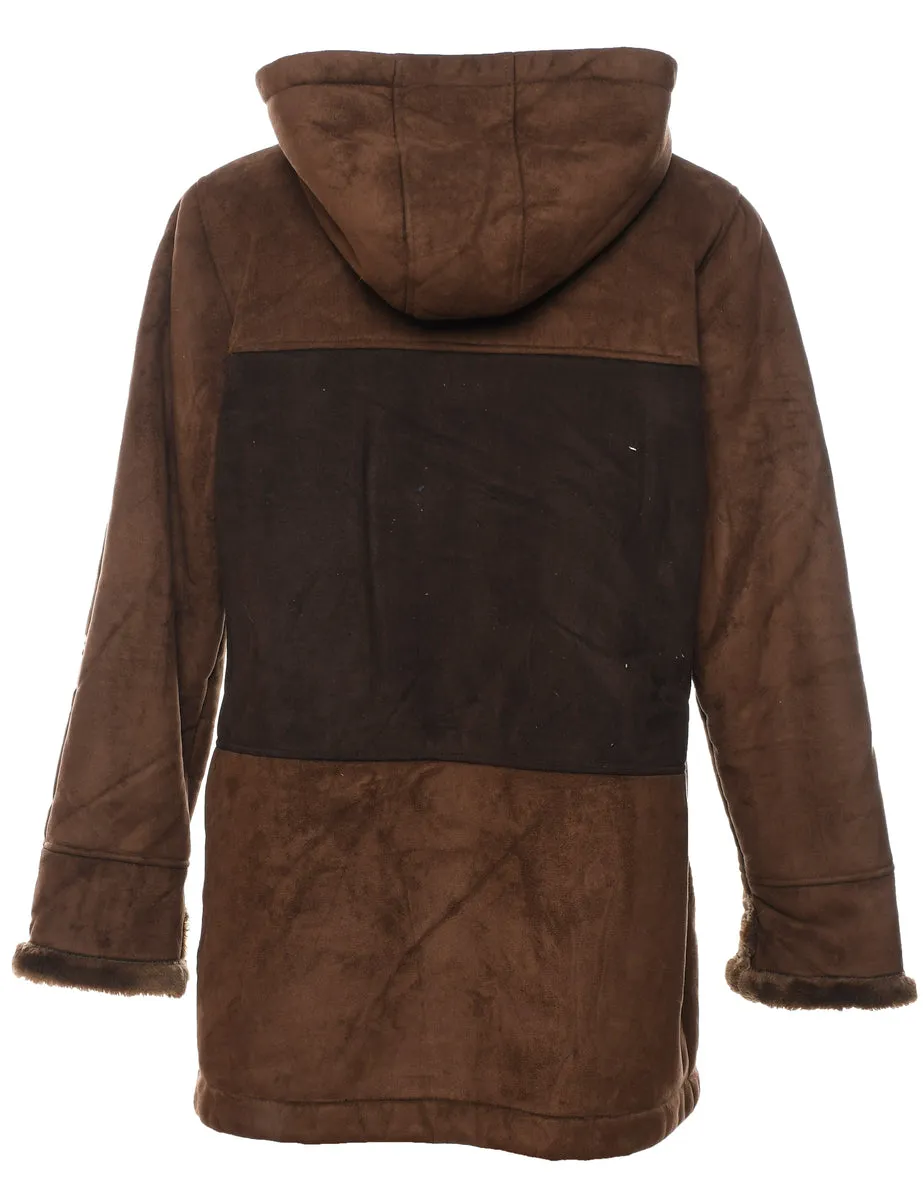 Hooded Brown Contrast Panel Faux Shearling Lined Jacket - M