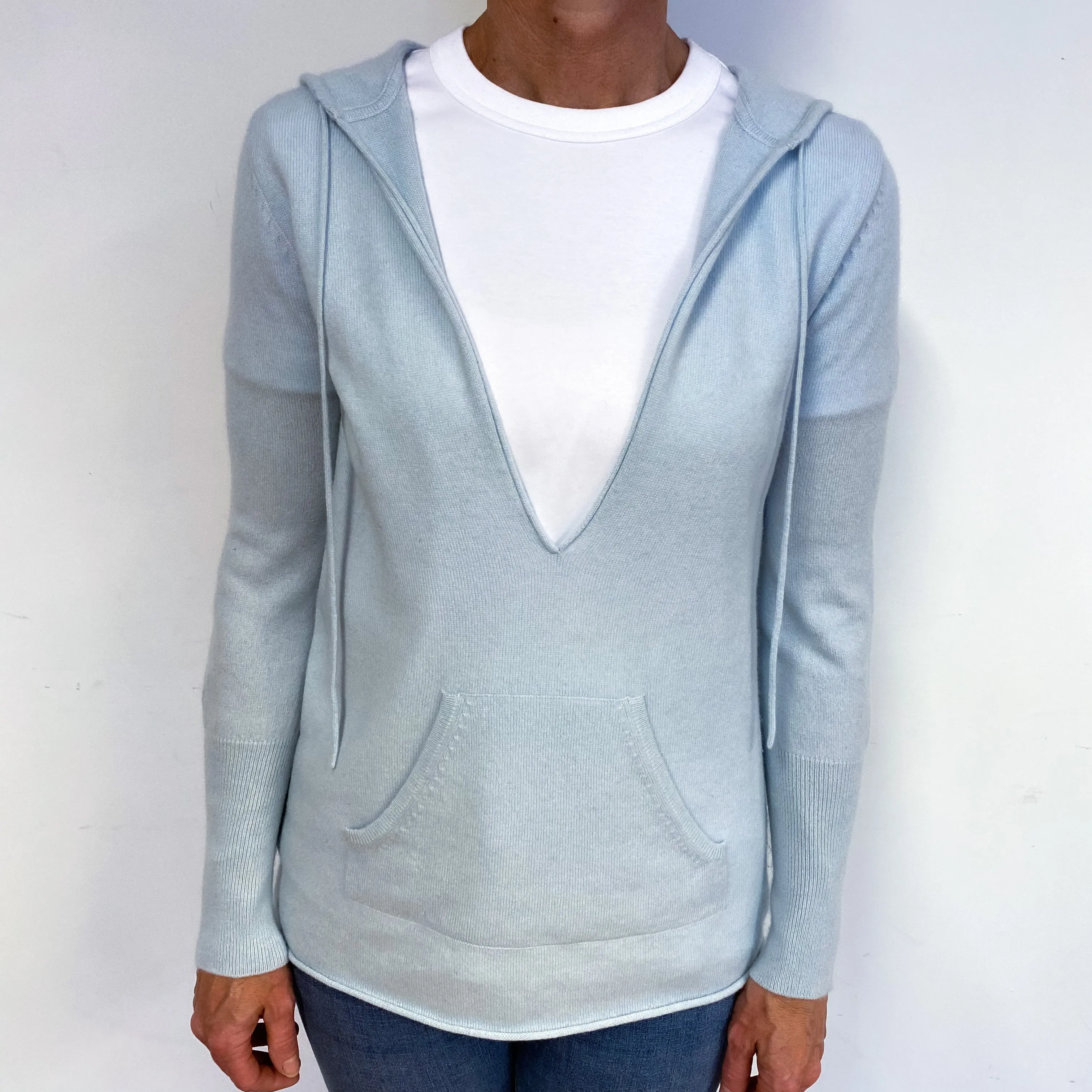 Ice Blue Cashmere Low V-Neck Hoodie Jumper Medium