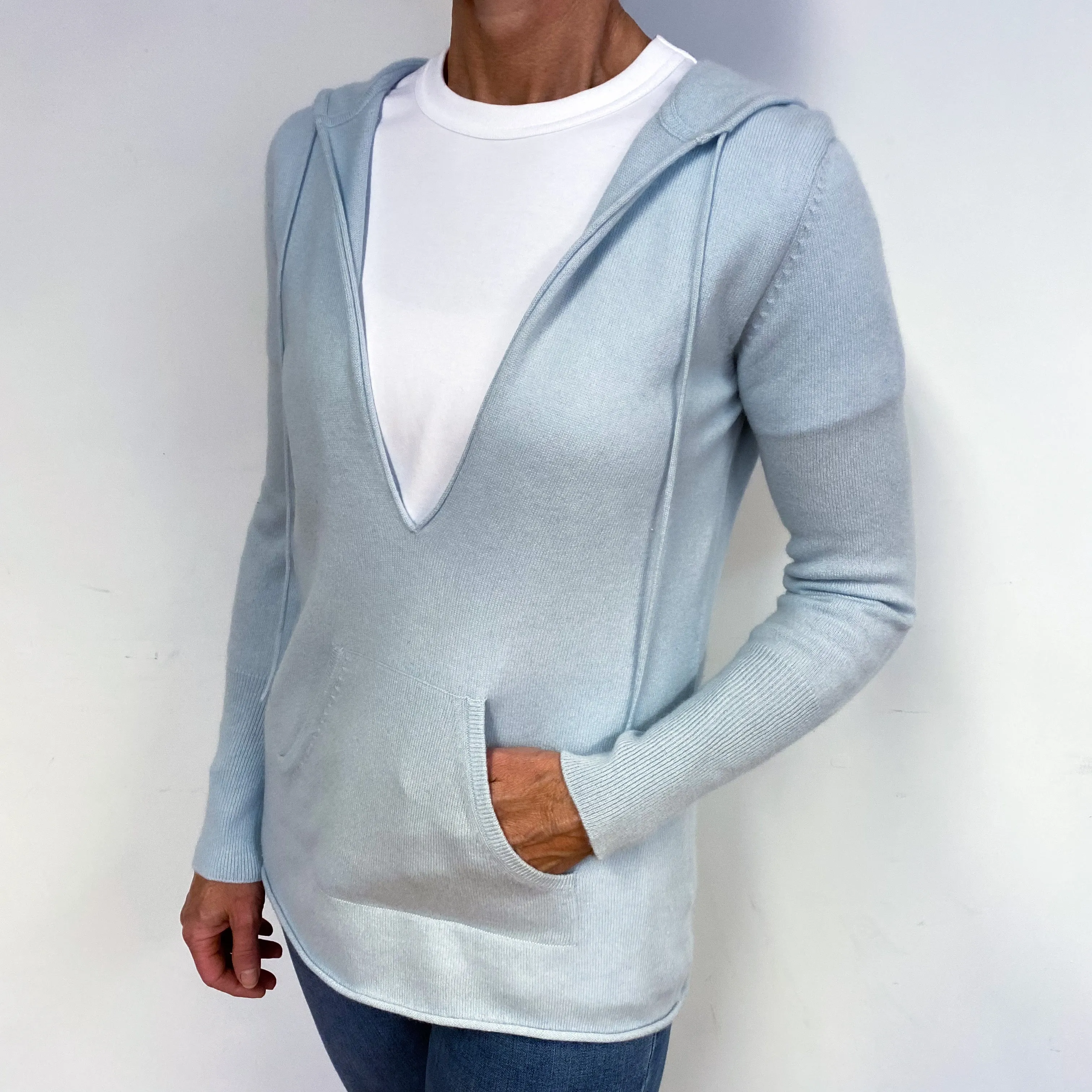 Ice Blue Cashmere Low V-Neck Hoodie Jumper Medium