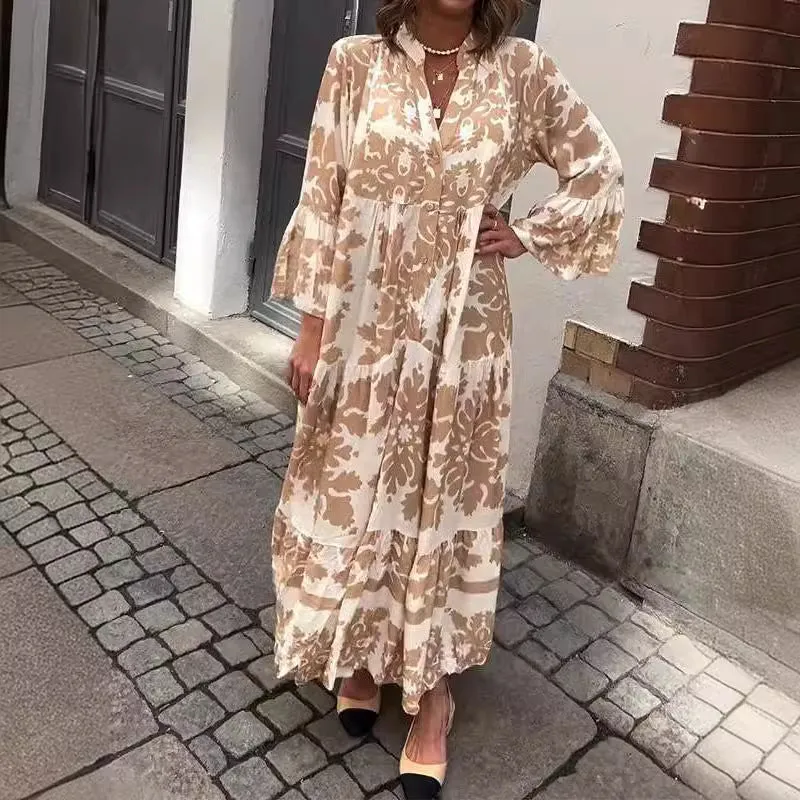 Ivyshape | Bell Sleeves Print Tiered Maxi Dress